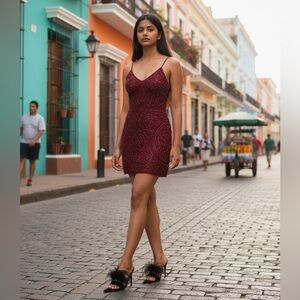 Diego Dolcini Burgundy Purple Velvet Beaded Feather High Heel Sandals 37.5 7 US